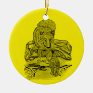 Rabe mit Wolf schwarz gelb Design Keramikornament