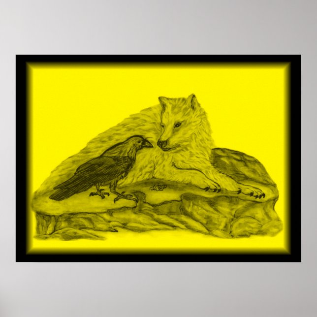 Rabe mit Wolf schwarz gelb Design Poster (Vorne)