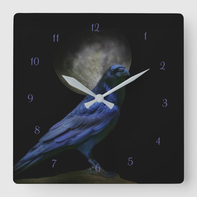 Rabe oder Crow Magic Gothic Clock Quadratische Wanduhr (Vorderseite)