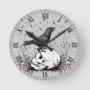 Rabe singt Lied des Todes auf Schädel-Illustratio Runde Wanduhr
