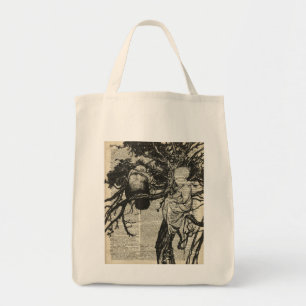 Rabe und Kind auf einem Baum alte Vintage-Illustra Tragetasche