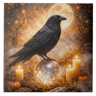Rabe und mystische Kristallkugelkerzen Fliese
