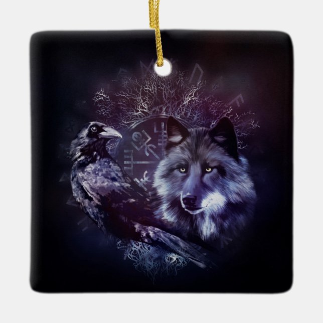 Rabe und Wolf - Vegvisir und Baum des Lebens Keramikornament (Vorderseite)