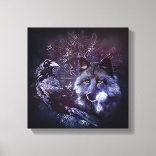 Rabe und Wolf - Vegvisir und Baum des Lebens Leinwanddruck