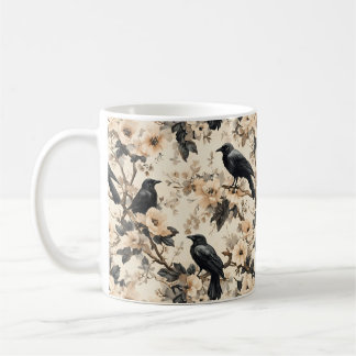 Raben-Muster-Krähen-Blumen-Bäume-Tasse Kaffeetasse