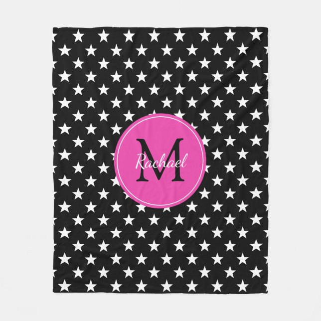 Raben-Schwarz-und Diva-Rosa-Stern-Monogramm Fleecedecke (Vorderseite)