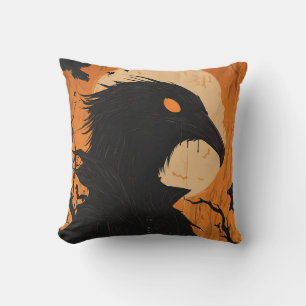 Raben Silhouette Vollmond Schwarz Orange Halloween Kissen