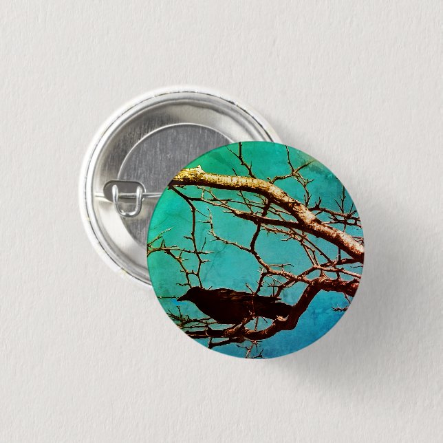 Rabenkrähe Schwarzer Vogel Silberbaum Foto Pin Button (Vorne & Hinten)