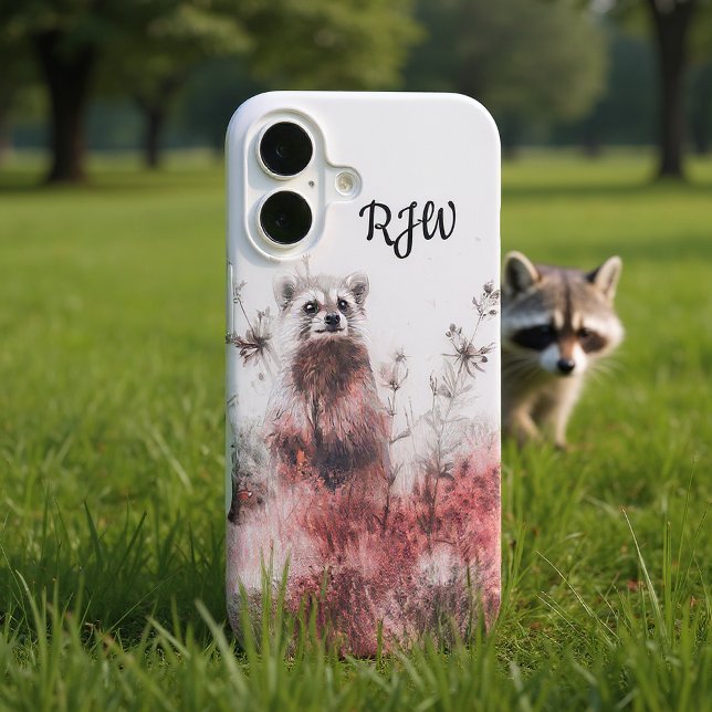 Raccoon auf der roten Wiese iPhone 16 Hülle (Von Creator hochgeladen)