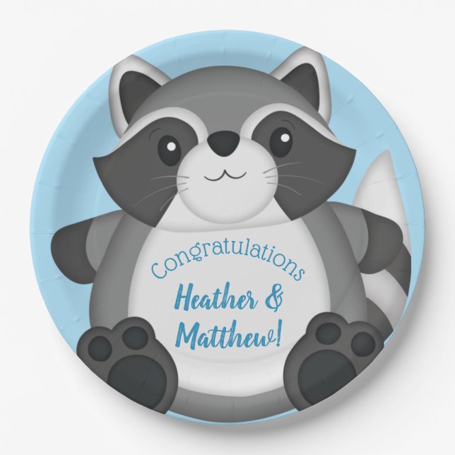Raccoon Baby Dusche Blue Pappteller (Vorderseite)