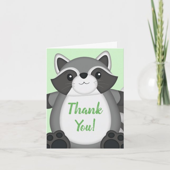 Raccoon Baby Dusche Grün Dankeskarte (Vorderseite)