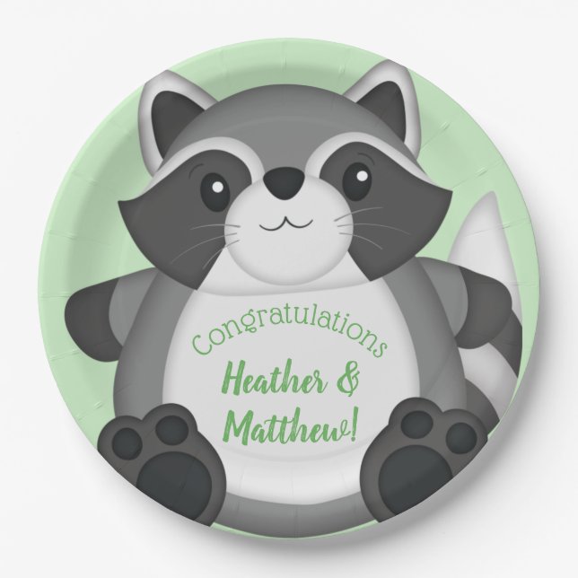 Raccoon Baby Dusche Grün Pappteller (Vorderseite)
