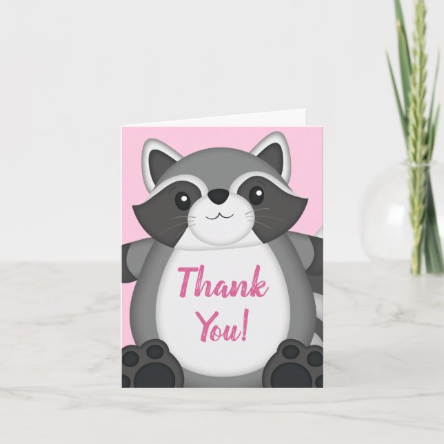 Raccoon Baby Dusche Rosa Dankeskarte (Vorderseite)