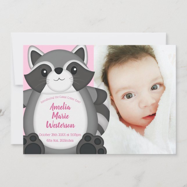 Raccoon Baby Dusche Rosa Einladung (Vorderseite)