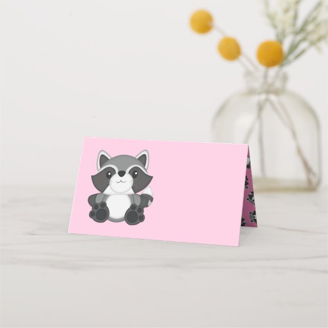 Raccoon Baby Dusche Rosa Platzkarte (Vorderseite)
