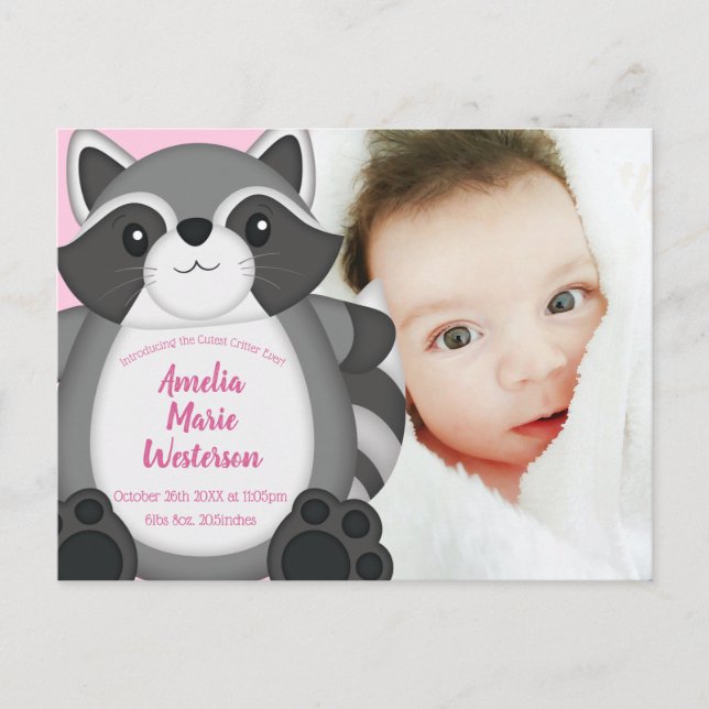 Raccoon Baby Dusche Rosa Postkarte (Vorderseite)