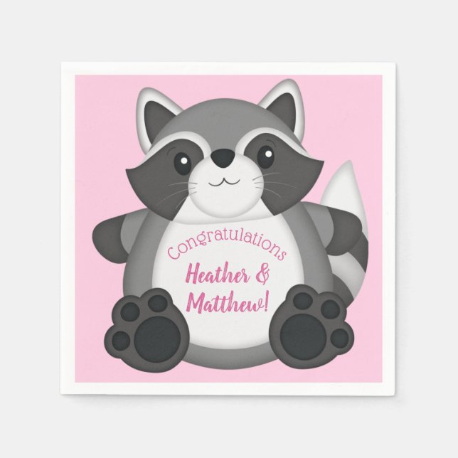 Raccoon Baby Dusche Rosa Serviette (Vorderseite)