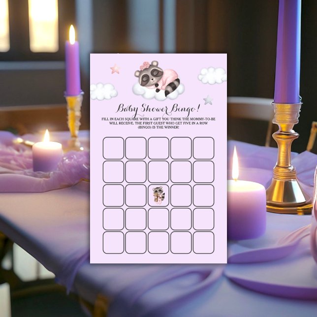 Raccoon Baby Showdusche Lavender Game Bingo (Gentle Raccoon Animal Girl Baby Shower Game Bingo)