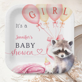 Raccoon Baby Shower Girl Pink Niedliches Papier Pappteller