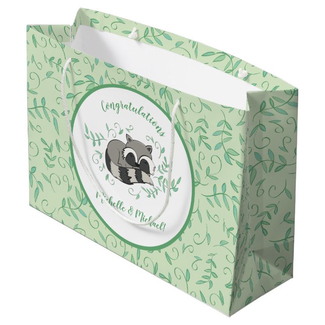 Raccoon Baby Shower Woodland Tiere Große Geschenktüte (Rückseite Schrägansicht)