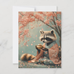 Raccoon Buddha: Friedlicher Tee unter Kirschbaum Postkarte