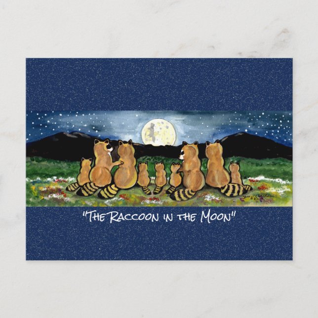 Raccoon dans la lune Aquarelle Whimsical Carte pos (Devant)