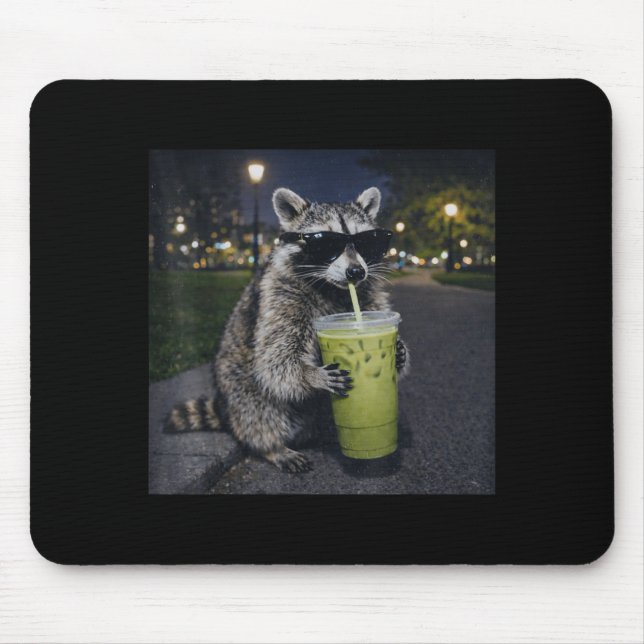 Raccoon drinking iced matcha latte funny animal mousepad (Vorne)