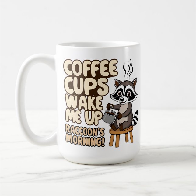 Raccoon drôle matin avec tasse de café (Gauche)