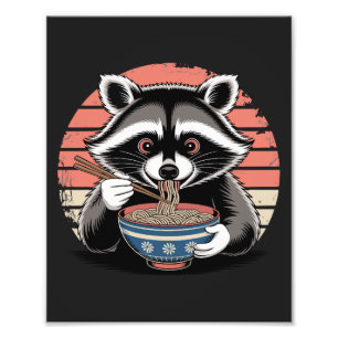 Raccoon Eating Ramen Vintager japanischer Stil Fotodruck