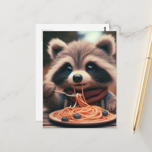 Raccoon Eats Spaghetti Postkarte (Vorderseite/Rückseite Beispiel)
