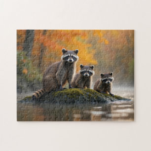 Raccoon-Familie im Herbst