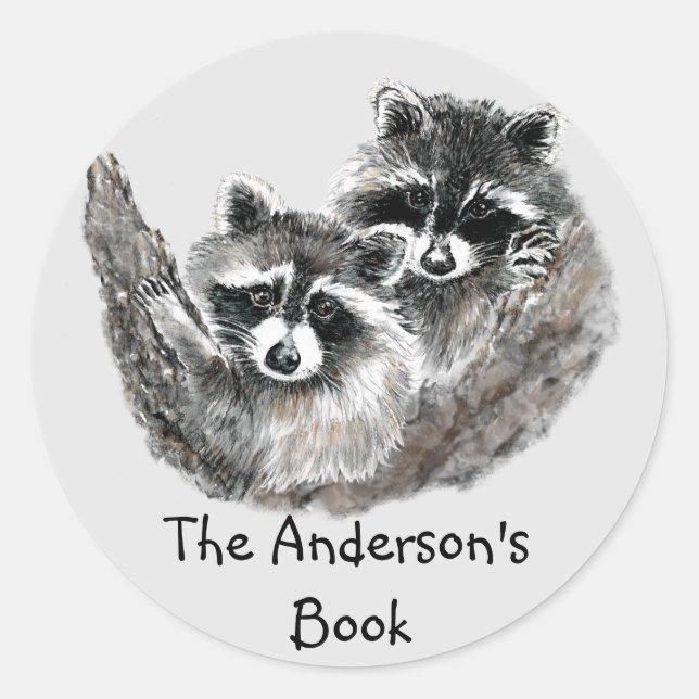 Raccoon Family Book Plate zum Anpassen Runder Aufkleber (Vorderseite)