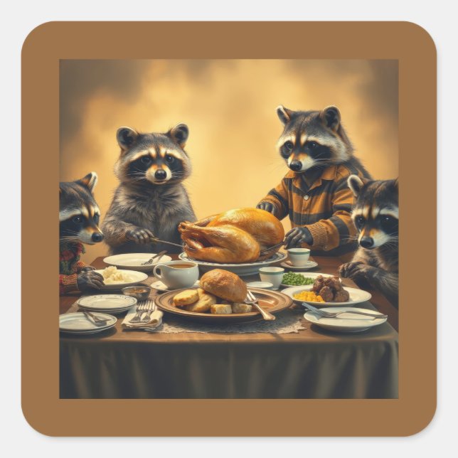 Raccoon Family Thanksgiving Quadratischer Aufkleber (Vorderseite)