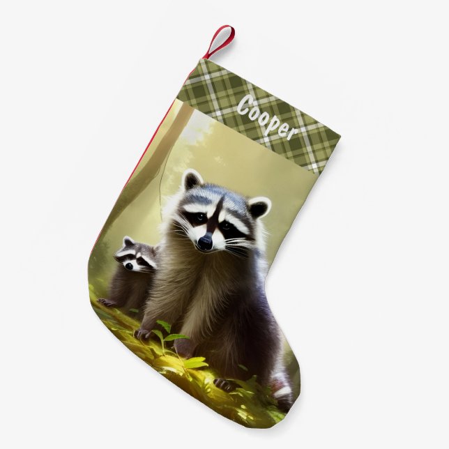 Raccoon Family Wildlife Portrait Personalisiert Kleiner Weihnachtsstrumpf (Vorderansicht (hängend))