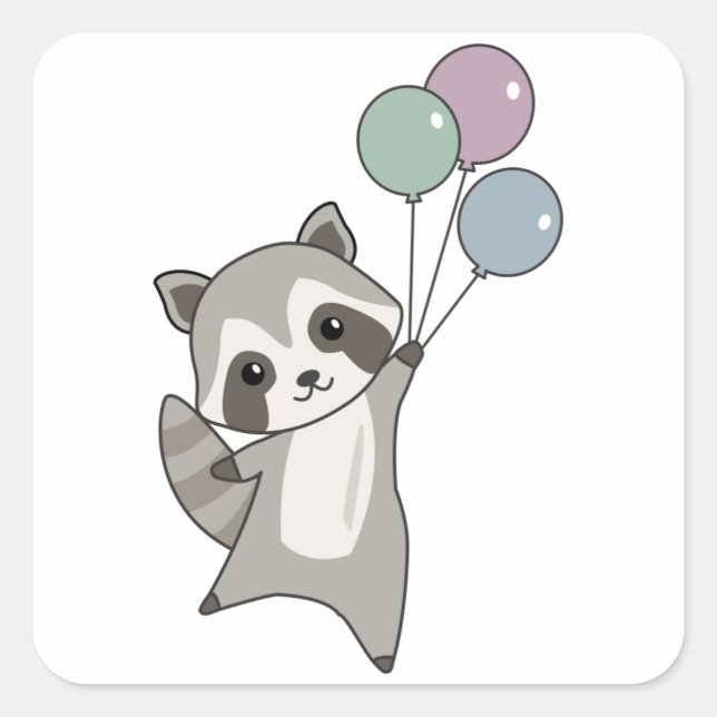 Raccoon Fliegt Balloons über Niedlichen Tieren für Quadratischer Aufkleber (Vorderseite)