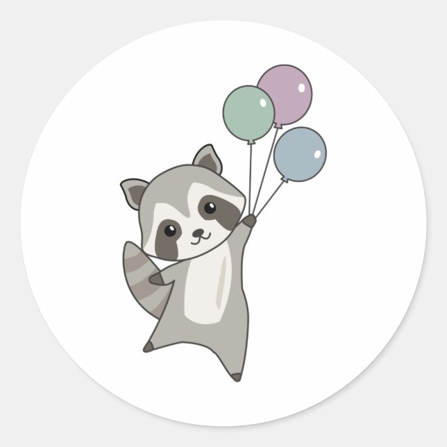 Raccoon Fliegt Balloons über Niedlichen Tieren für Runder Aufkleber (Vorderseite)