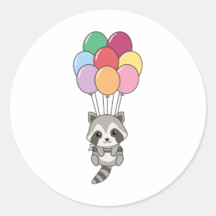 Raccoon fliegt mit farbenfrohen Balloons Runder Aufkleber