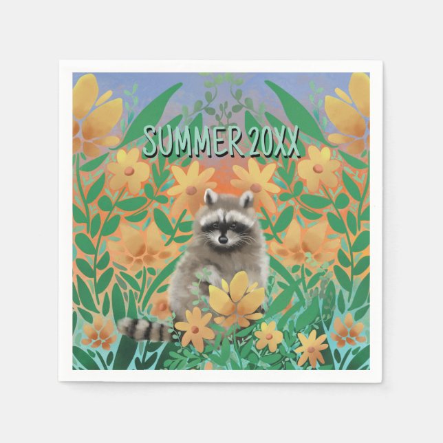 Raccoon Floral Summer Serviette (Vorderseite)