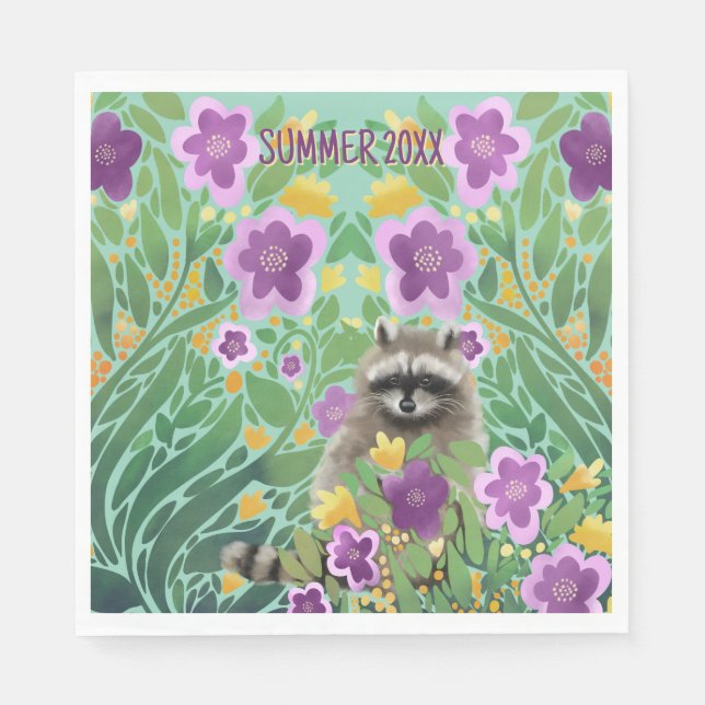 Raccoon Floral Summer Serviette (Vorderseite)