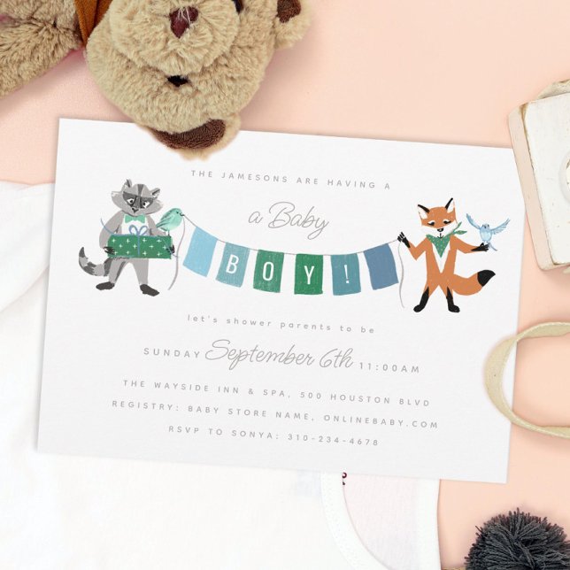 Raccoon Fox Forest Friends Boy Blue Baby Dusche Einladung (Von Creator hochgeladen)