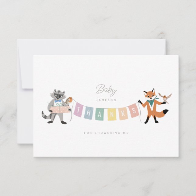 Raccoon Fox Forest Friends Pastel Baby Dusche Dankeskarte (Vorderseite)