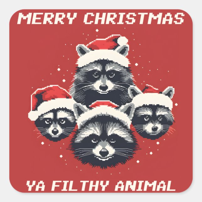 Raccoon Frohe Weihnachten ya dreckiges Tier Quadratischer Aufkleber (Vorderseite)