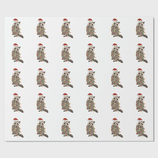 Raccoon Frohe Weihnachtslicht Weihnachtsmannmütze  Geschenkpapier (Flach)