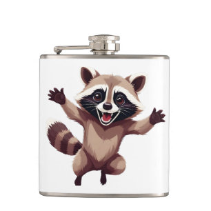 Raccoon glücklich Spielspass Springen in die Luft  Flachmann