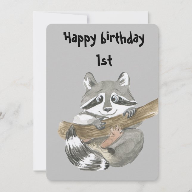 Raccoon glücklicher Geburtstag 1. Dankeskarte (Vorderseite)