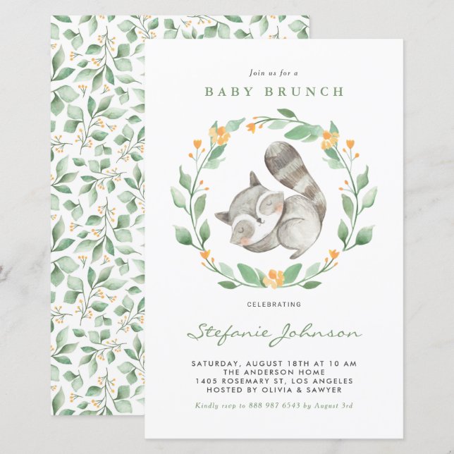 Raccoon Greenerity Baby Brunch Einladung (Vorne/Hinten)