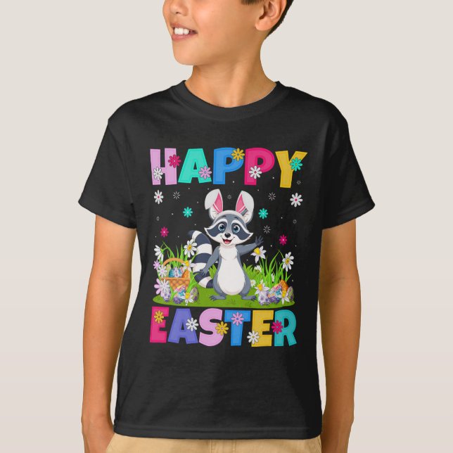 Raccoon Happy Osterfest Ei Hübsch Hoch über der Le T-Shirt (Vorderseite)
