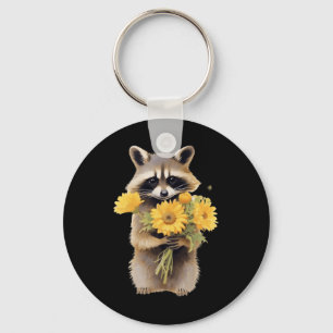 Raccoon Holding Sonnenblumen Niedliche Blume Mütte Schlüsselanhänger