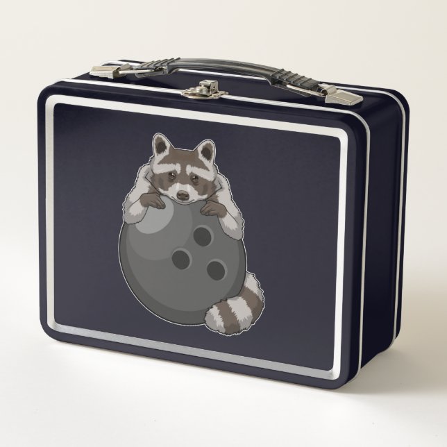 Raccoon im Bowling mit Bowlingball Metall Brotdose (Vorderseite)