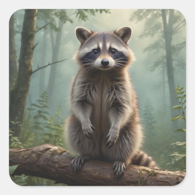 Raccoon in den Waldaufklebern Quadratischer Aufkleber (Vorderseite)